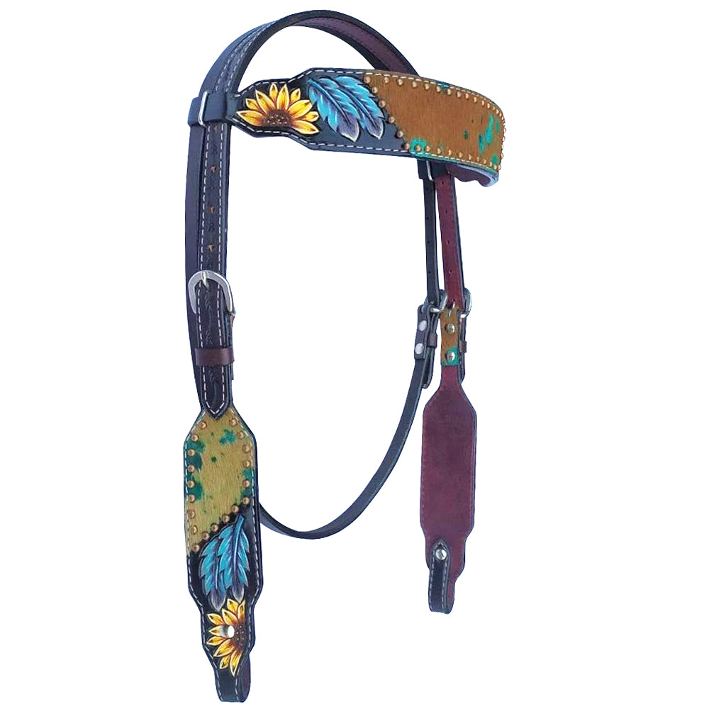 HILASON Western Horse One Ear Headstall Breast Collar Tack Set American Leather Hand Painted Brown
