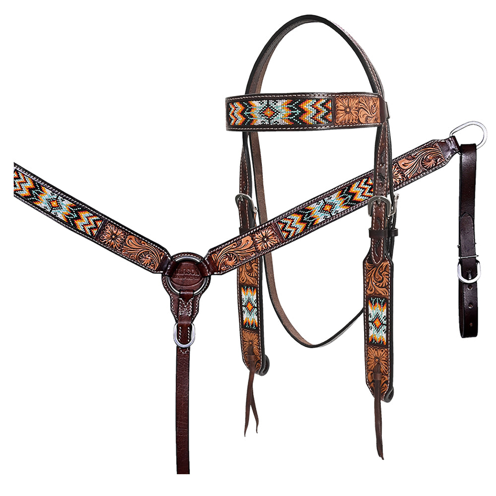 HILASON Western Horse Floral Headstall Breast Collar One Ear Headstall Wither Strap American Leather Tack Set