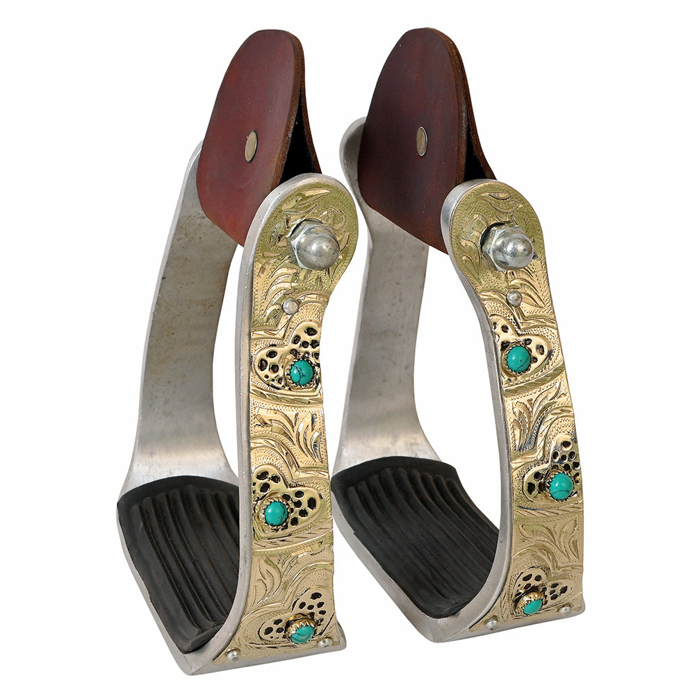 HILASON Western Engraved Aluminum Saddle Stirrup Stirrups Pair Engraved Brass Turquoise Inlay Rubber Tread