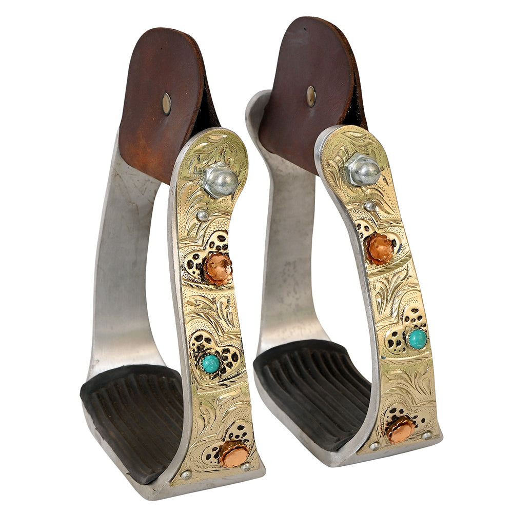 HILASON Saddle Stirrup Stirrups Pair Western Engraved Aluminum Brass Overlays Turquoise Inlays Rubber Treads