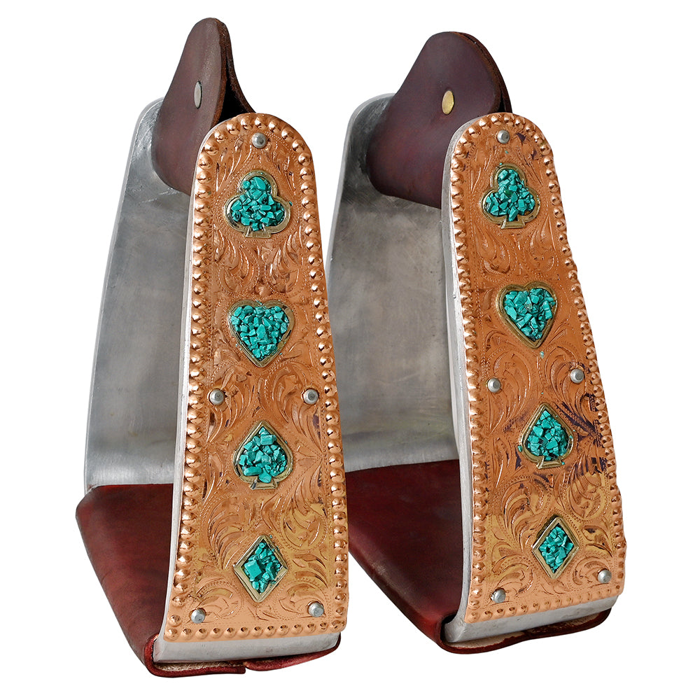 HILASON Saddle Stirrup Stirrups Pair Engraved Copper Card Suits Turquoise Chip Inlay Leather Treads