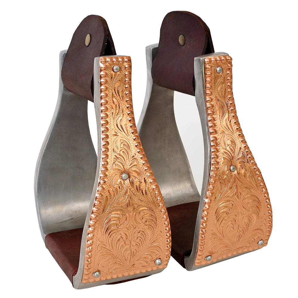 HILASON Saddle Stirrup Stirrups Pair Western Engraved Copper Floral Overlays Leather Treads Aluminum Pair