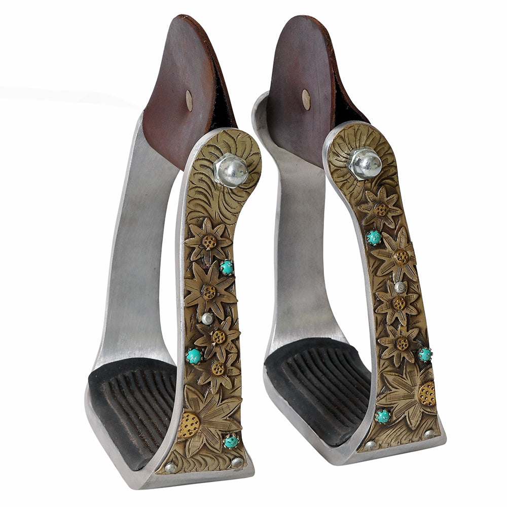 HILASON Western Saddle Stirrup Stirrups Pair Engraved Antique Brass Sunflower Turquoise Inlay Rubber Tread Pair