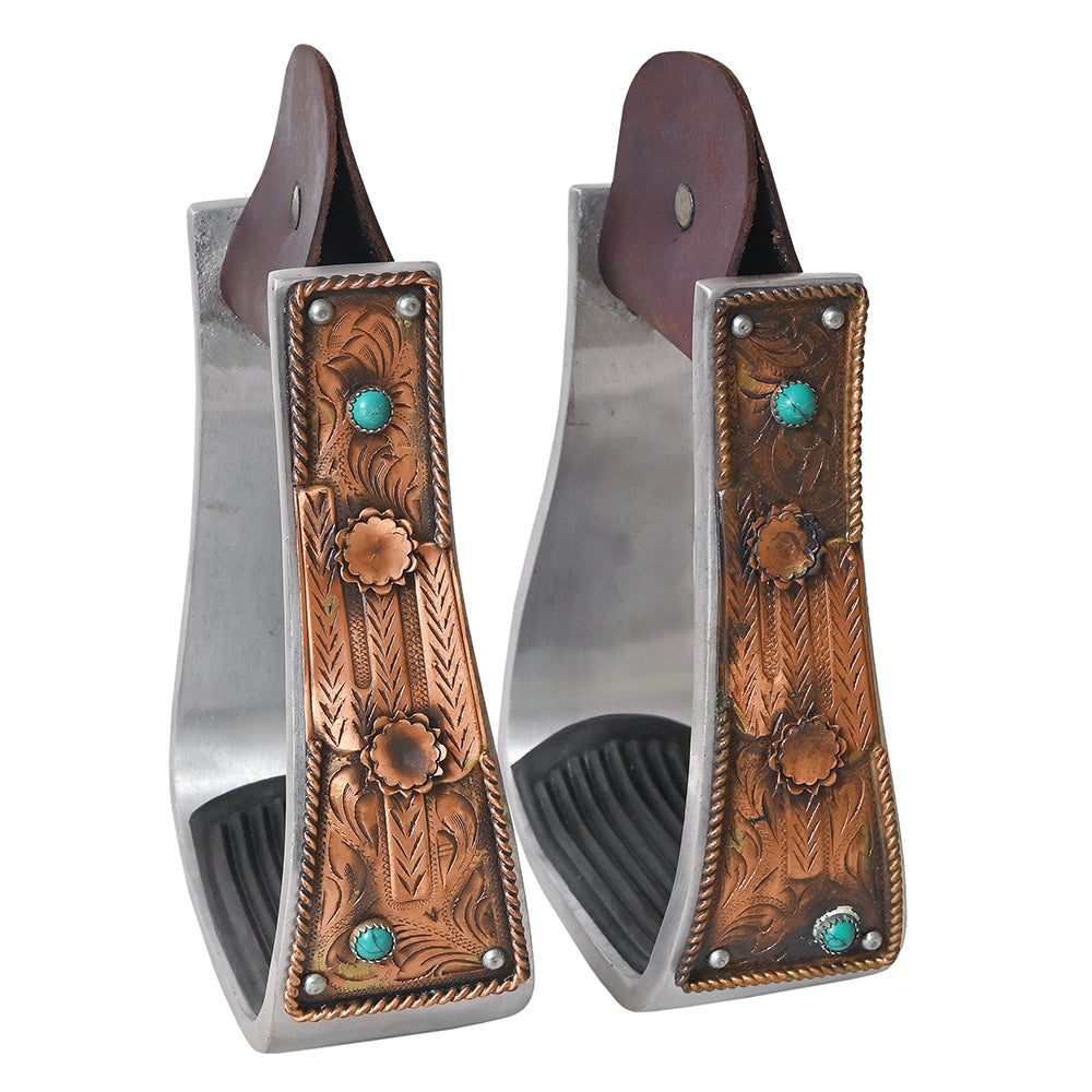 HILASON Western Saddle Stirrup Stirrups Pair Engraved Copper Flower Concho Turquoise Inlay Rubber Tread Pair