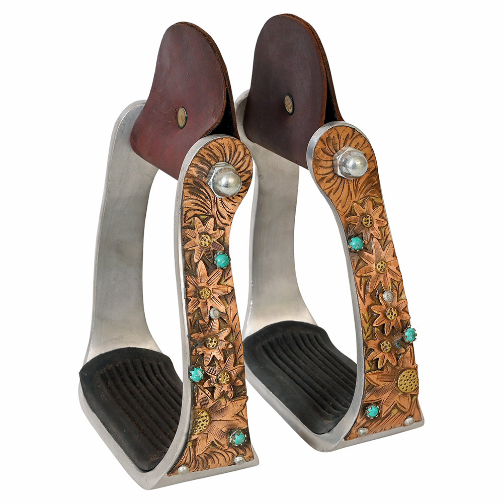 HILASON Western Saddle Stirrup Stirrups Pair Engraved Copper Sunflower Turquoise Inlay Rubber Tread Aluminum Pair