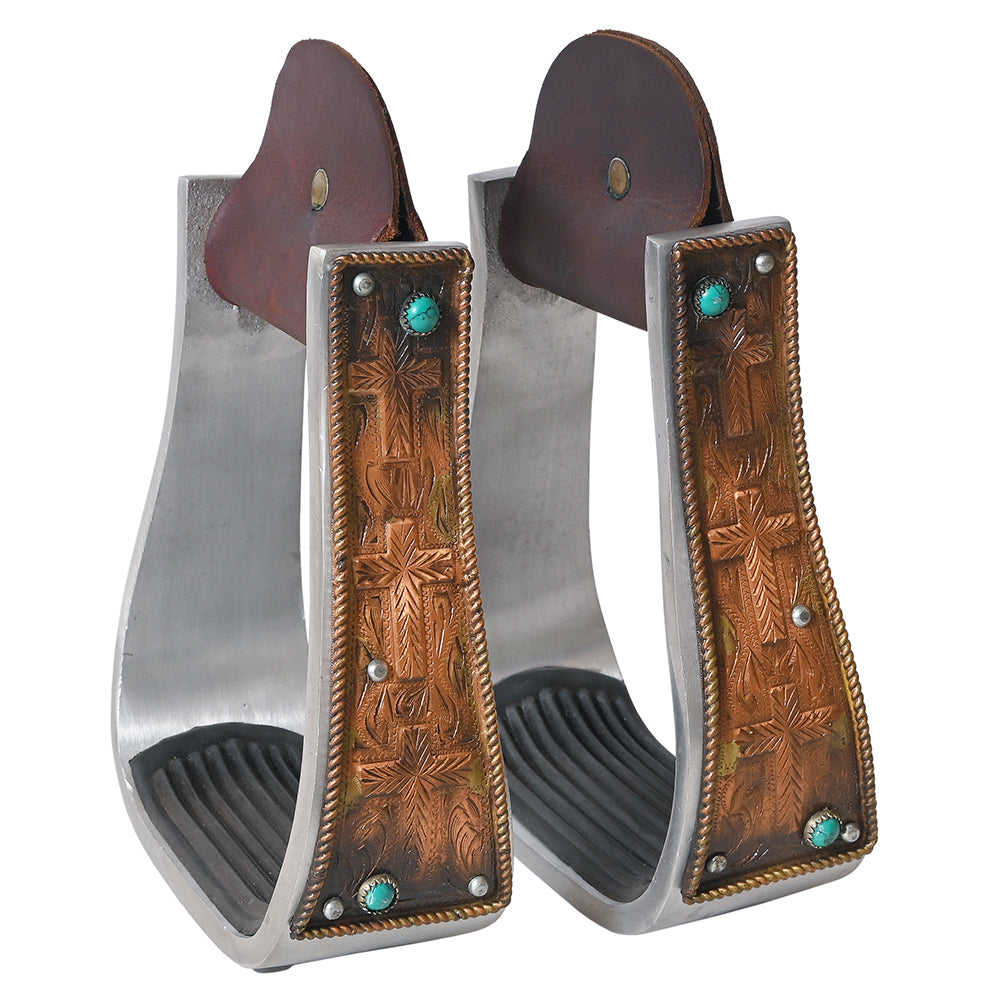 HILASON Western Saddle Stirrup Stirrups Pair Engraved Copper Crosses Turquoise Inlay Rubber Tread Aluminum Pair