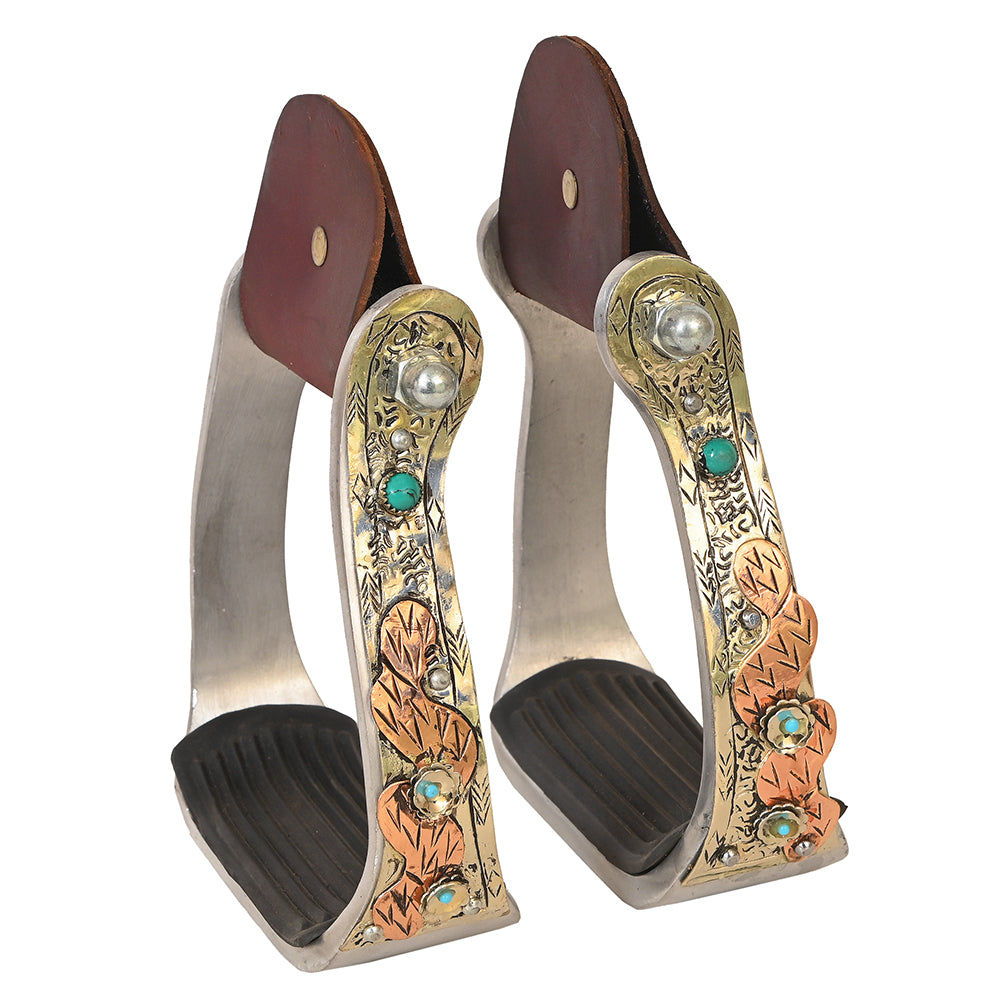HILASON Western Saddle Stirrup Stirrups Pair Engraved Brass Copper Overlays Turquoise Inlay Rubber Tread Aluminum Pair