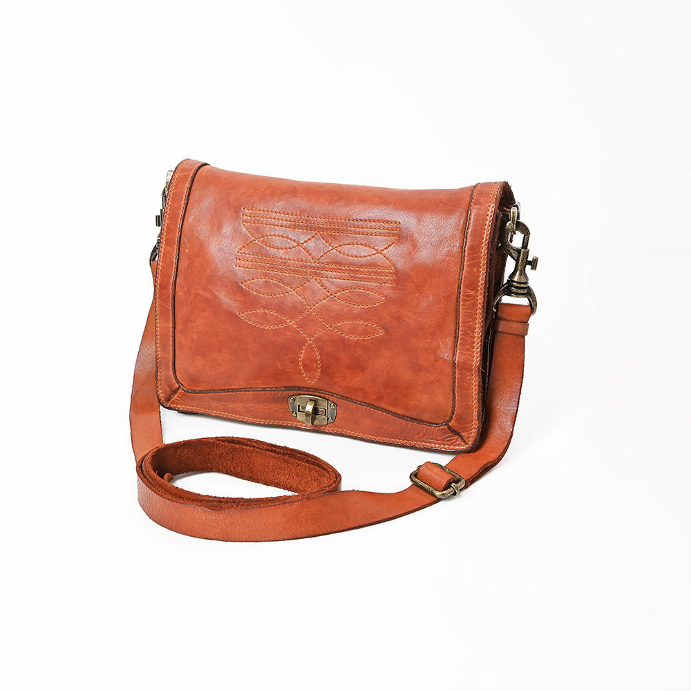 Spaghetti Western Cognac Leather Stitched Flap Crossbody Messenger Bag