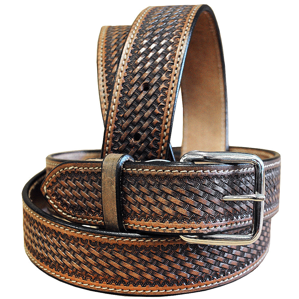 60 In Hilason Hand Tooled Basketweave Heavy Duty Western Work Leather Mens Womens Belt Dark Brown
