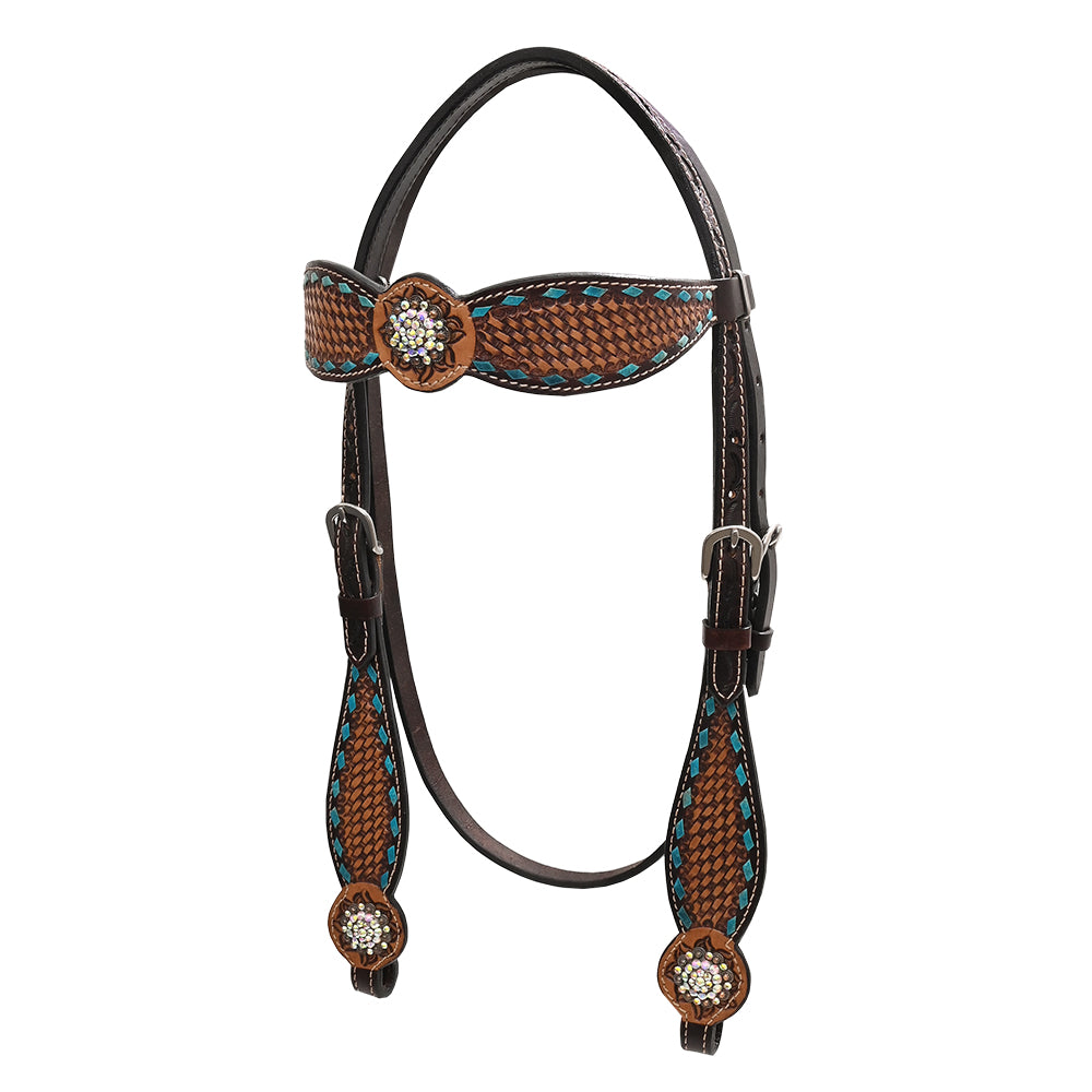 Bar H Equine Western Leather Horse Tack Set Basket Weave Carved Brown