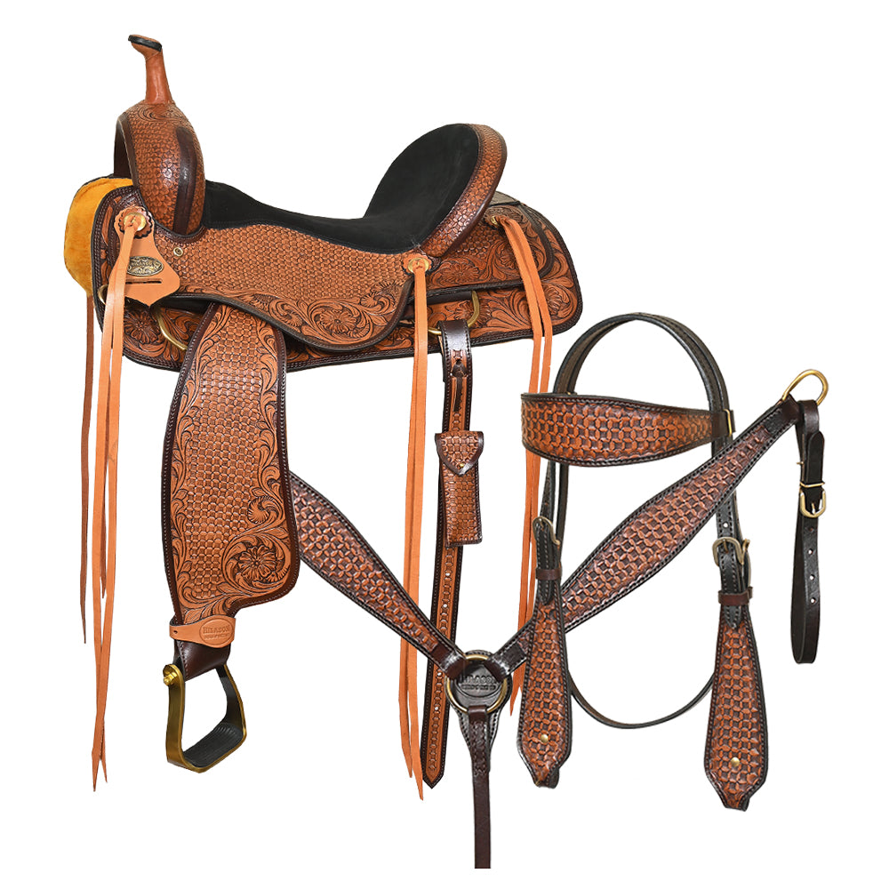 Hilason Western Leather Trail Tack Set Hand Tooled Saddle Brown